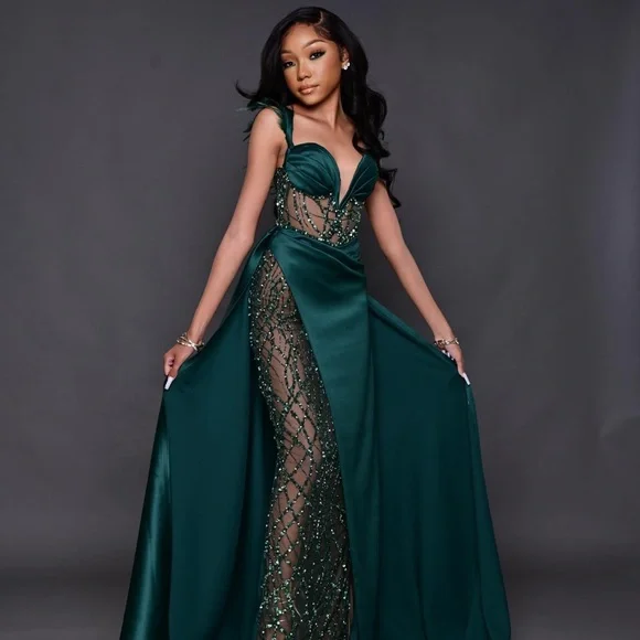 green emerald velvet dress MINNA Fashion VITTORIA Blue Silky Deep V Corset Back Mermaid Formal Dr